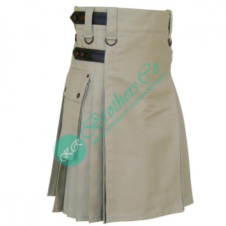 Khaki Adjustable Leather Straps Kilt